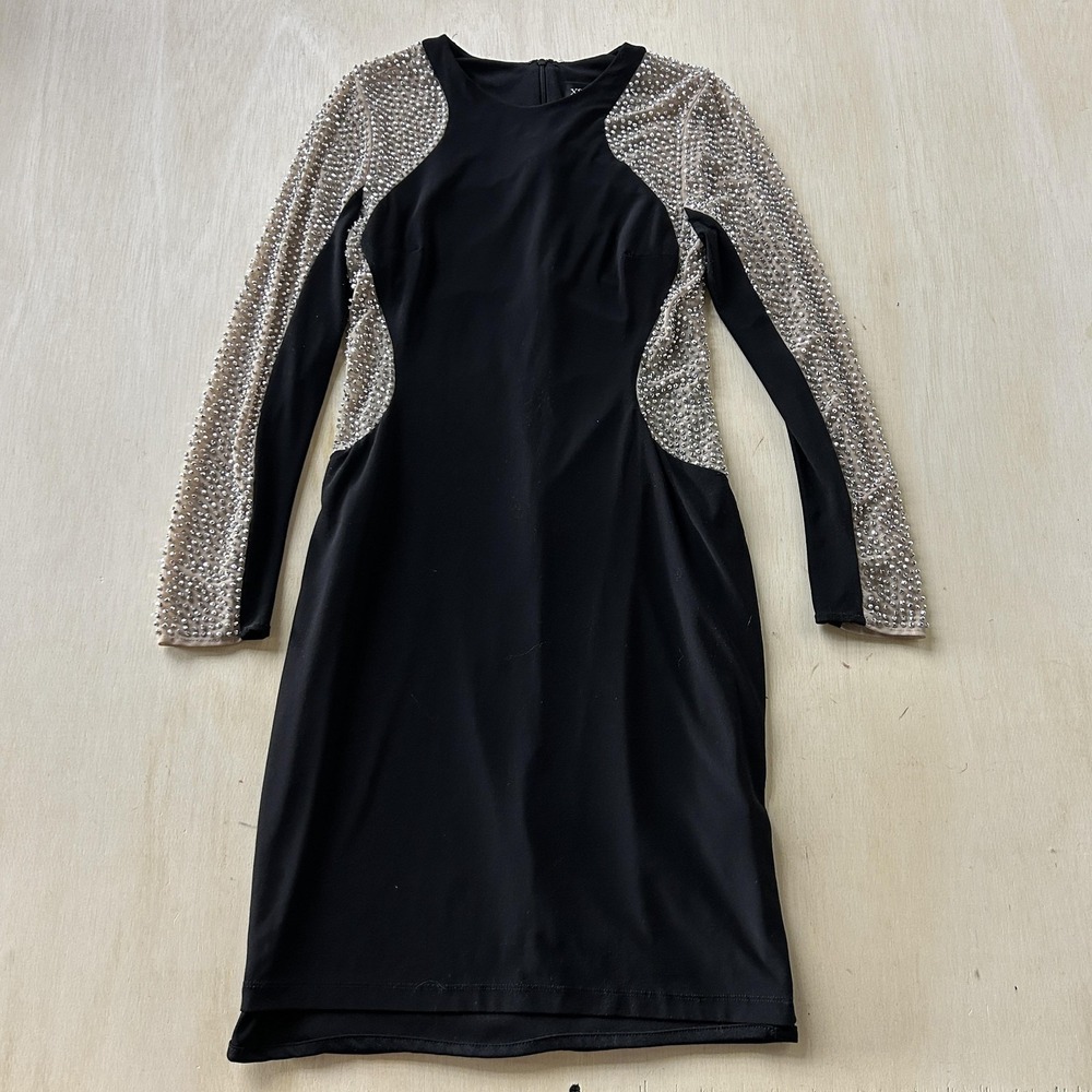 Xscape Dress Womens 8 Black Rhinestone‎ Long Sleeve Bodycon Short Party Cocktail